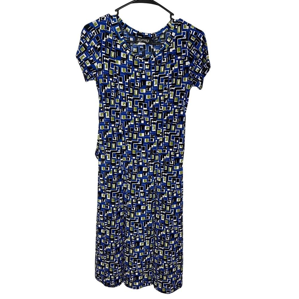 Kupcake Blue Green Geometric Print Tie Back Midi Dress Short Sleeve Small